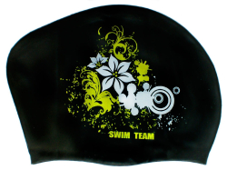 Шапочка для плавания Swim team для длинных волос, цветы (черный) KW-F